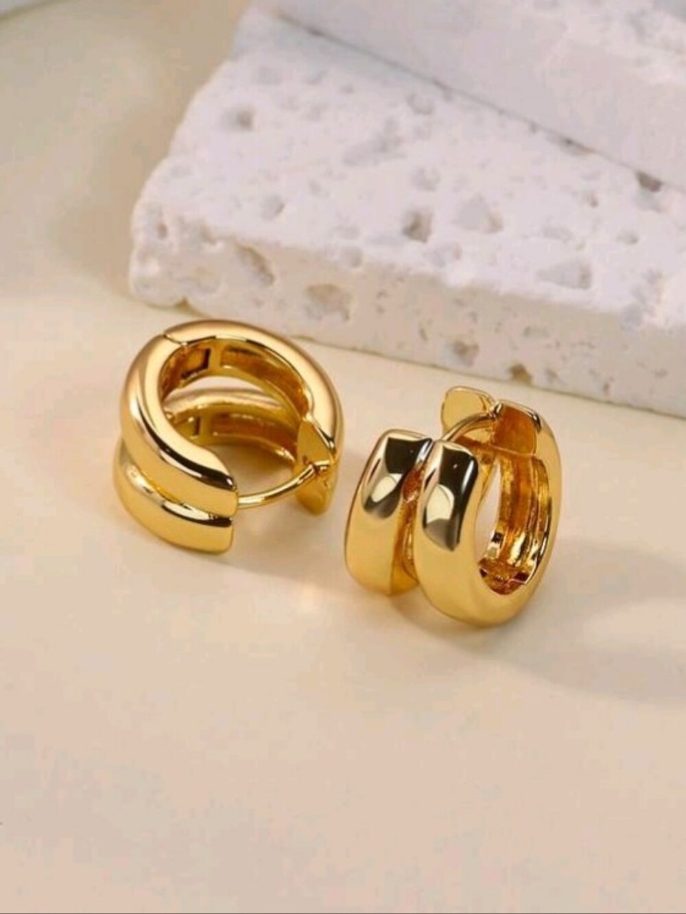 NEW! 18K Gold Plated Small Chunky Double Huggie Hoop Earrings - Women Jewelry